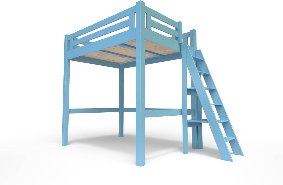 ABC MEUBLES Lit Mezzanine adulte bois + échelle hauteur réglable Alpage - 140x200 - Bleu Pastel