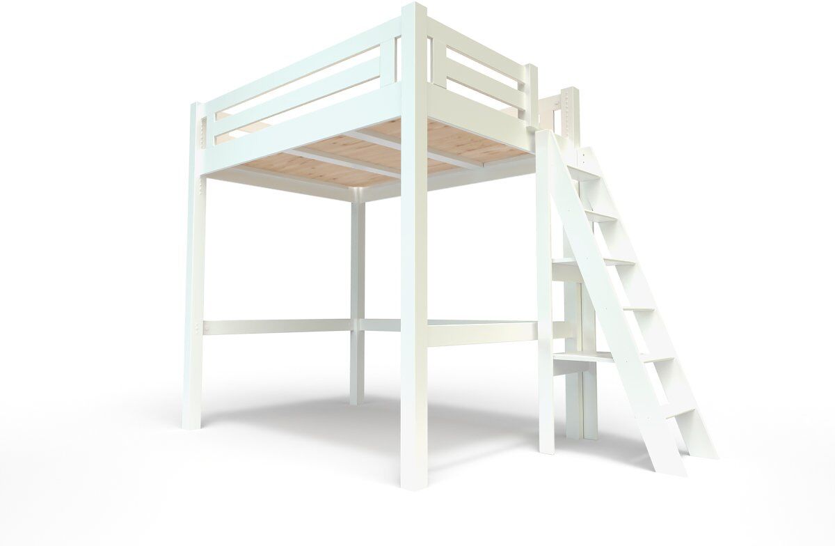 ABC MEUBLES Lit Mezzanine adulte bois + échelle hauteur réglable Alpage - 120x200 - Blanc