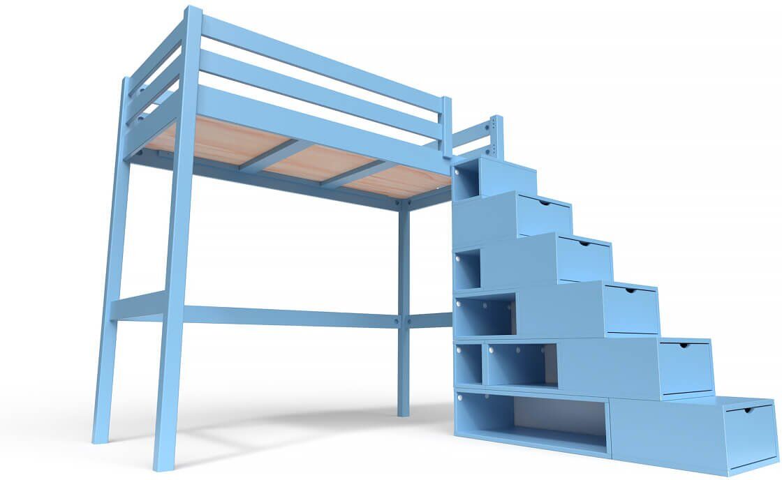 ABC MEUBLES Lit Mezzanine bois avec escalier cube Sylvia - 90x200 - Bleu Pastel