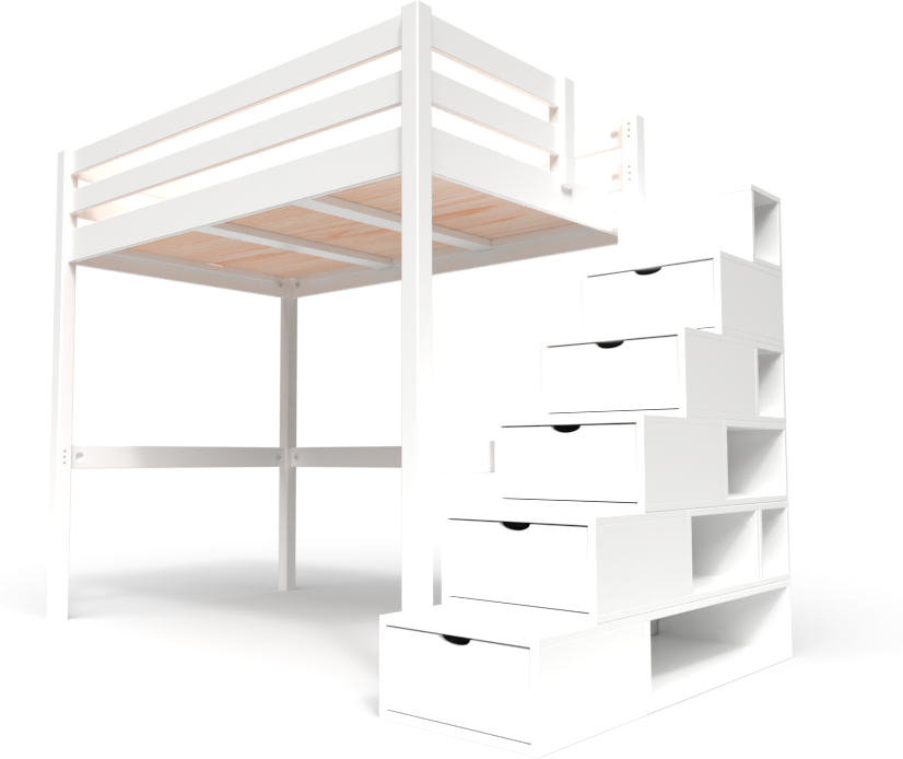 ABC MEUBLES Lit Mezzanine bois avec escalier cube Sylvia - 120x200 - Blanc