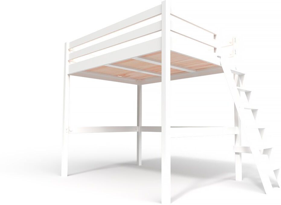 ABC MEUBLES Lit Mezzanine bois avec échelle Sylvia - 140x200 - Blanc - 140x200 - Blanc