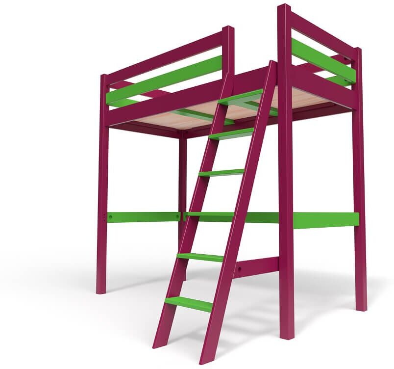 ABC MEUBLES Lit Mezzanine bois avec échelle Sylvia - 90x200 - Prune/Vert - 90x200 - Prune/Vert