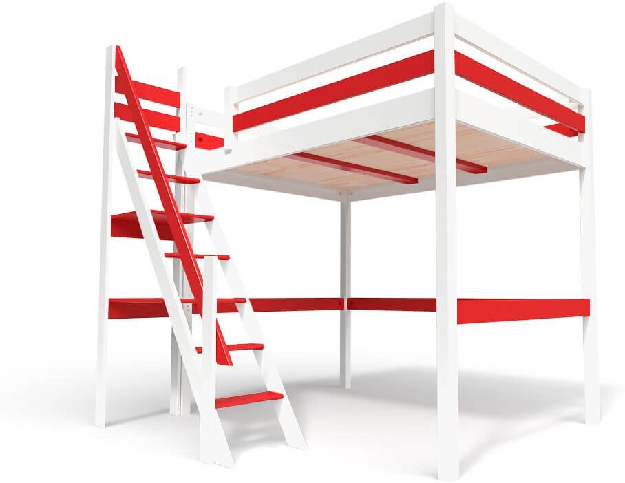 ABC MEUBLES Lit Mezzanine bois avec escalier de meunier Sylvia - 120x200 - Blanc/Rouge