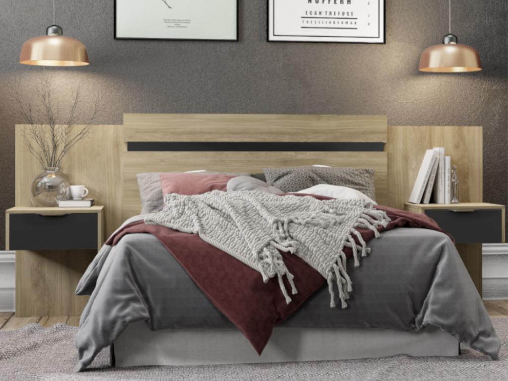 Vente-unique Tête de lit extensible avec chevets - 140/160 cm - Coloris : Naturel et noir - PARATI