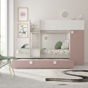 Toscohome Letto a castello Climb per due bambini con letto estraibile e armadio colore bianco consumato e rosa antico