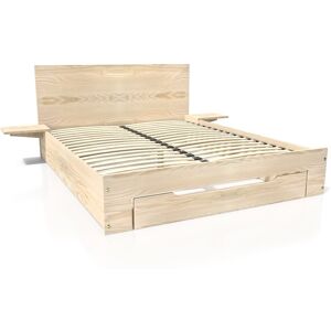 ABC MEUBLES Letto in legno Happy 2 posti con cassetto + comodini - 140x190 - Legno Grezzo