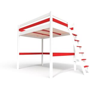 ABC MEUBLES Letto a soppalco legno con scala Sylvia - 140x200 - Bianco/Rosso