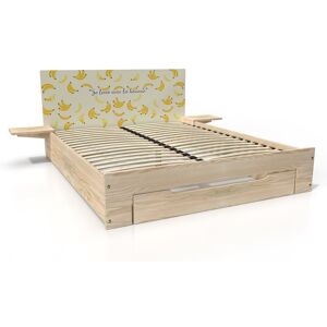 ABC MEUBLES Letto in legno Happy 2 posti con cassetto + comodini - 140x200 - Decorazione di banane