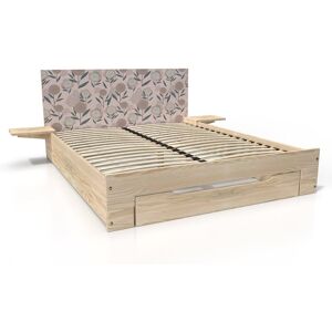 ABC MEUBLES Letto in legno Happy 2 posti con cassetto + comodini - 140x200 - Decorazioni di fiori rosa