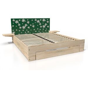 ABC MEUBLES Letto in legno Happy 2 posti con cassetto + comodini - 140x200 - Decorazione foglia