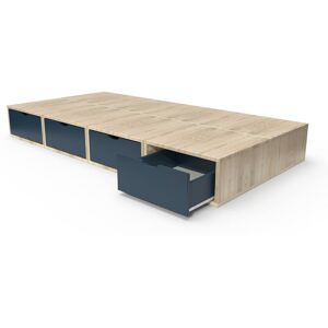 ABC MEUBLES Letto 90x200 1 posto con cassetti Cube legno - 90x200 - Vernice Naturale/Blu petrolio