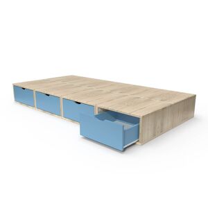 ABC MEUBLES Letto 90x200 1 posto con cassetti Cube legno - 90x200 - Vernice Naturale/Polvere blu
