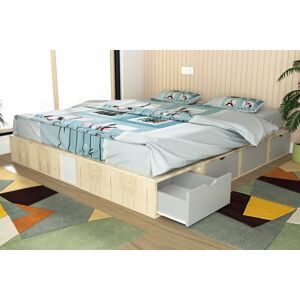 ABC MEUBLES Letto matrimoniale con cassetto Cube - 160x200 - Vernice Naturale/Grigio Chiaro