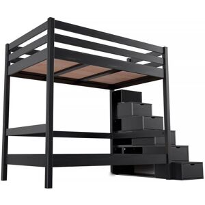 ABC MEUBLES Letto a castello 4 persone adulti legno scale cubo Sylvia - 120x200 - Nero