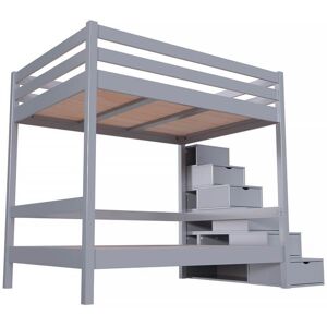 ABC MEUBLES Letto a castello 4 persone adulti legno scale cubo Sylvia - 140x200 - Grigio alluminio