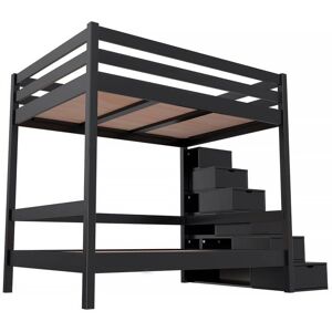 ABC MEUBLES Letto a castello 4 persone adulti legno scale cubo Sylvia - 140x200 - Nero