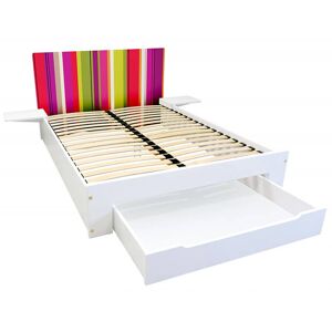 ABC MEUBLES Letto in legno Happy 2 posti con cassetto + comodini - 140x190 - Strisce di Zucca, Anice e Fucsia