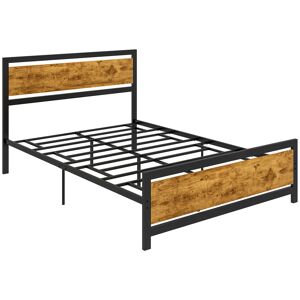 Homcom Struttura Letto Una Piazza e Mezza in Legno e Acciaio 147x208x103cm, Doghe Integrate e Testiera in Stile Industriale, Nero e Marrone Rustico