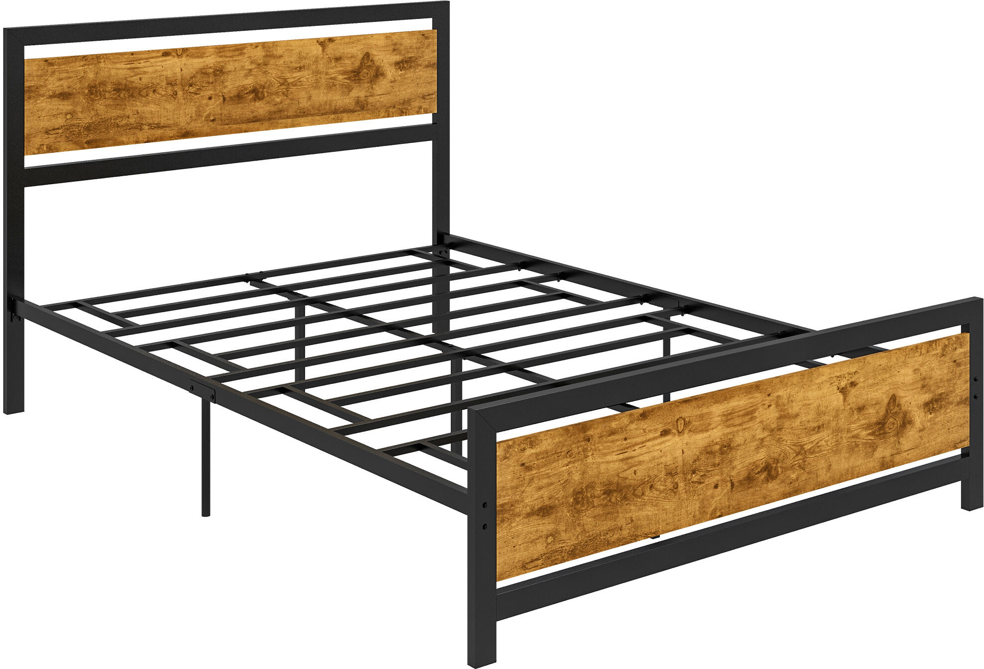 Homcom Struttura Letto Una Piazza e Mezza in Legno e Acciaio 147x208x103cm, Doghe Integrate e Testiera in Stile Industriale, Nero e Marrone Rustico