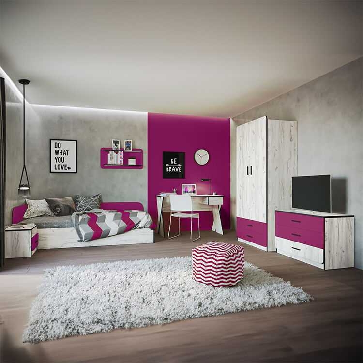 garneroarredamenti Cameretta 1 letto contenitore completa bambini pino bianco fucsia Ford