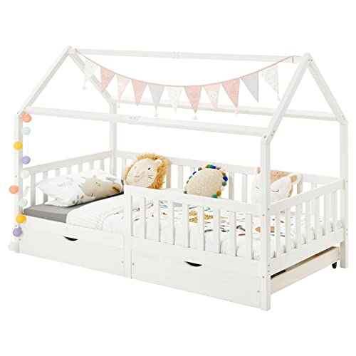 IDIMEX Huisbed Nuna van massief grenen, Montessori-bed in 90 x 200 cm met valbeveiliging, speelbed met laden, modern kinderbed met dak in wit