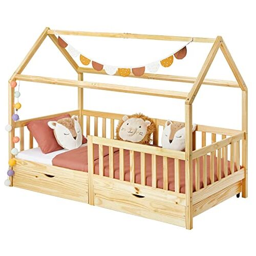 IDIMEX Huis Nuna Montessori-bed van massief grenen, 90 x 200 cm, met valbeveiliging, speelbed met laden, modern kinderbed met dak in natuur