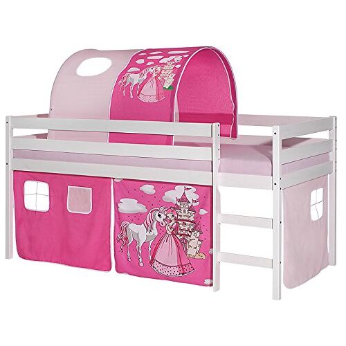 IDIMEX Hoogslaper Erik kinderbed speelbed stapelbed houten bed, gordijn en tunnel met motief prinses roze, massief grenen wit gelakt, 90 x 200 cm