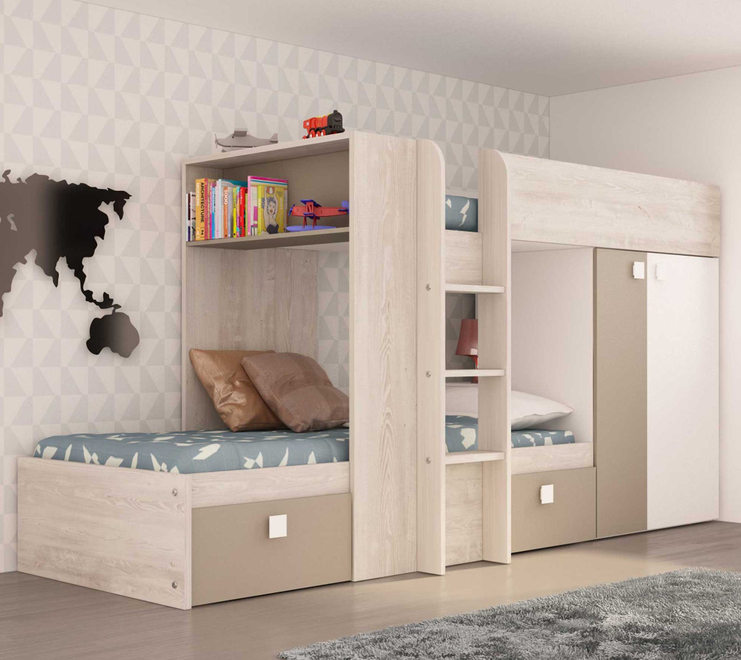 Trasman Stapelbed Beau met kast & lades - grenen/beige