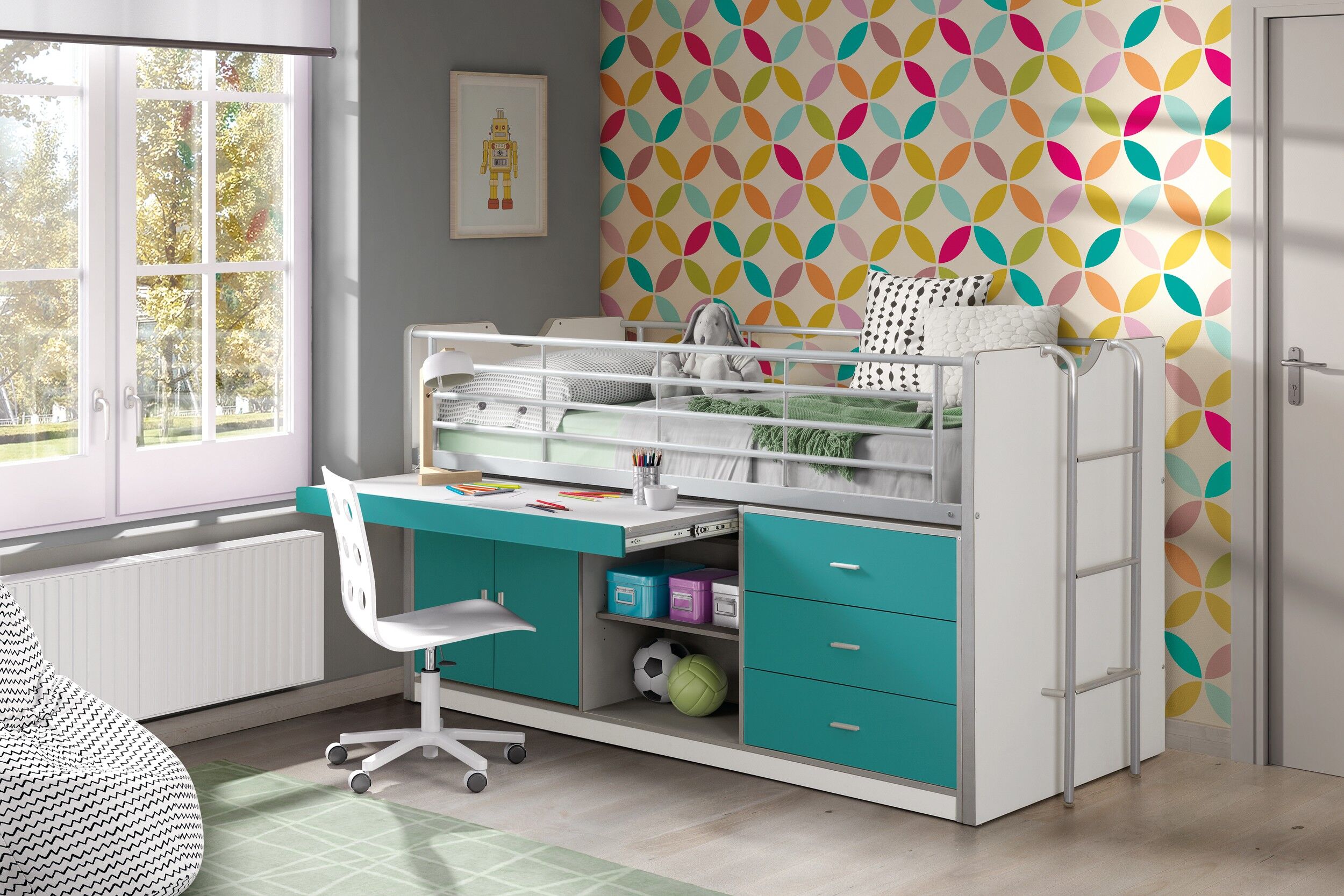 Vipack Halfhoogslaper met bureau Bonny 95 - turquoise