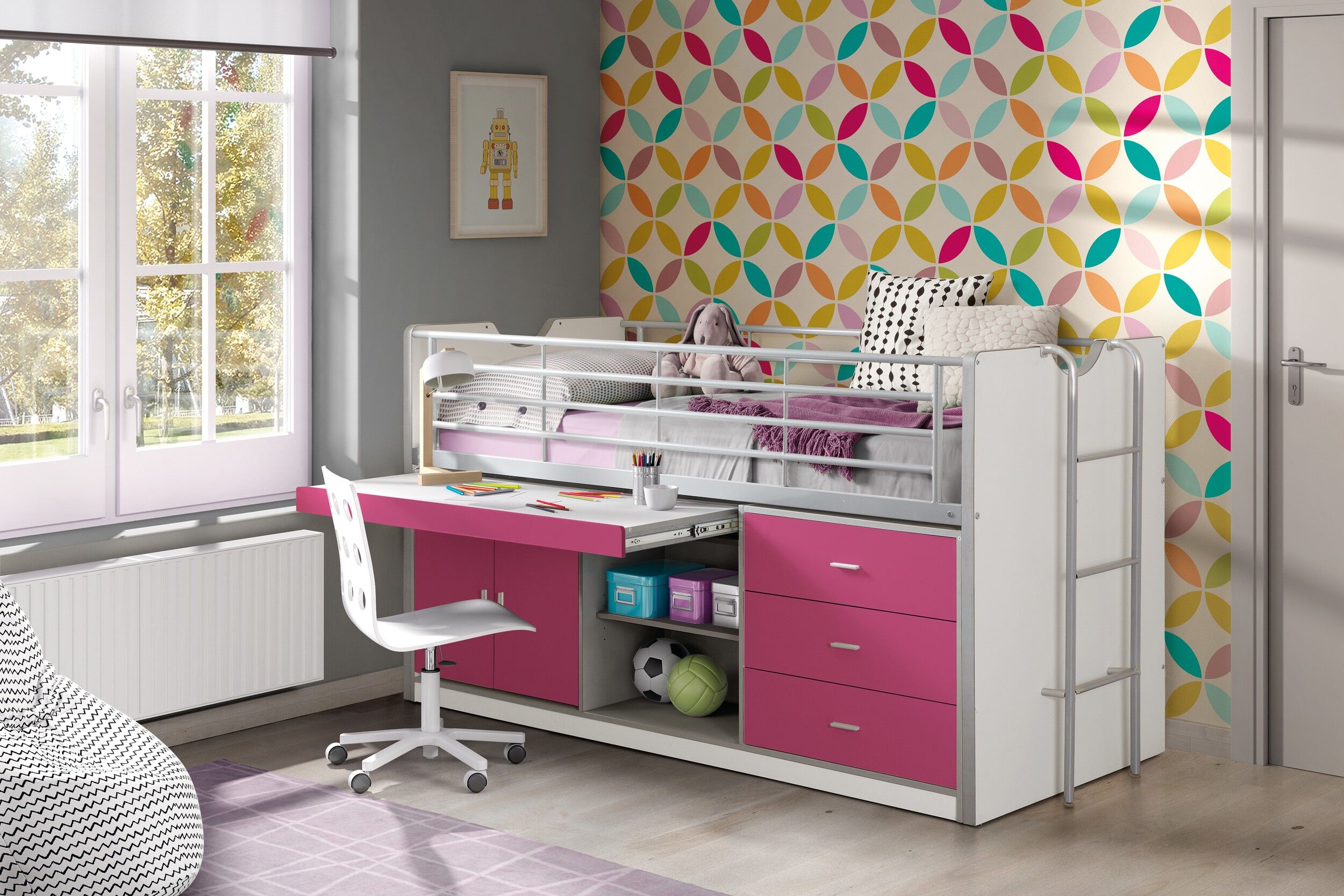 Vipack Halfhoogslaper met bureau Bonny 95 - fuchsia