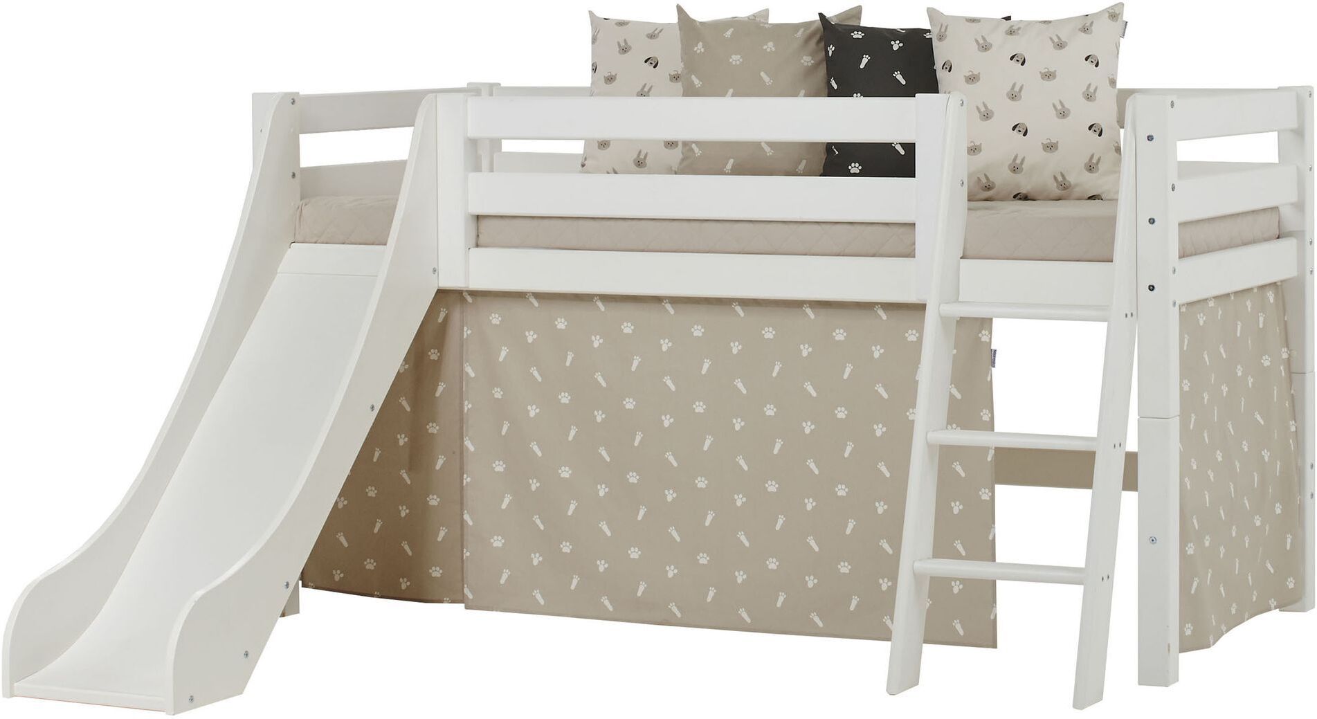 Hoppekids Premium Halvhøy seng m. rutsjebane, Hvit, Beige, 90x200   Unoliving