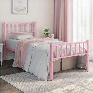 17 Stories Ernestyne Minimalist Metal Bed Frame with Slatted Headboard pink/gray Single (3')