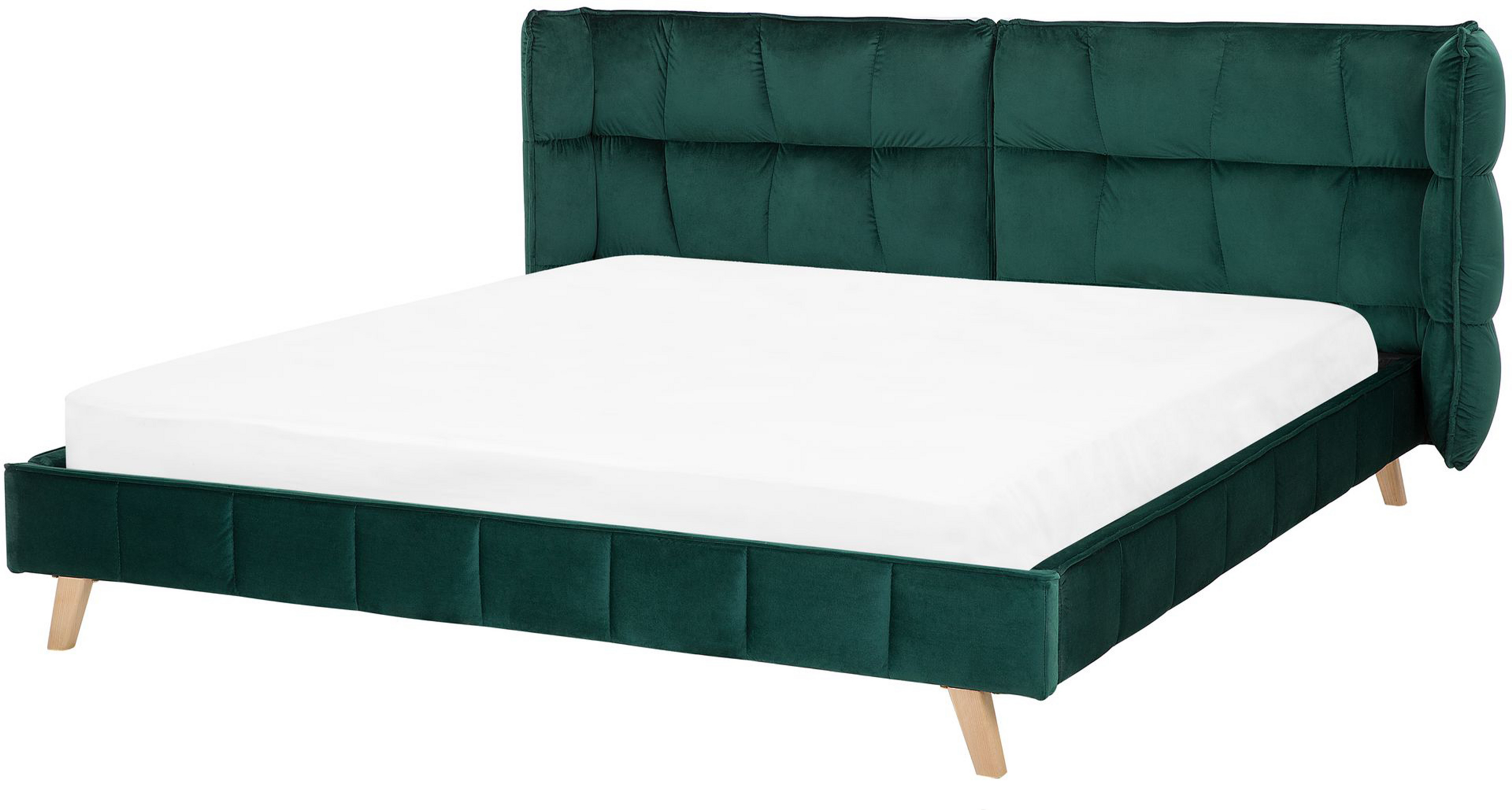 Beliani Bed Frame Emerald Green Velvet Tufted Upholstery Light Wood Legs EU Super King Size 6ft Slatted with Adjustable Wingback Headboard