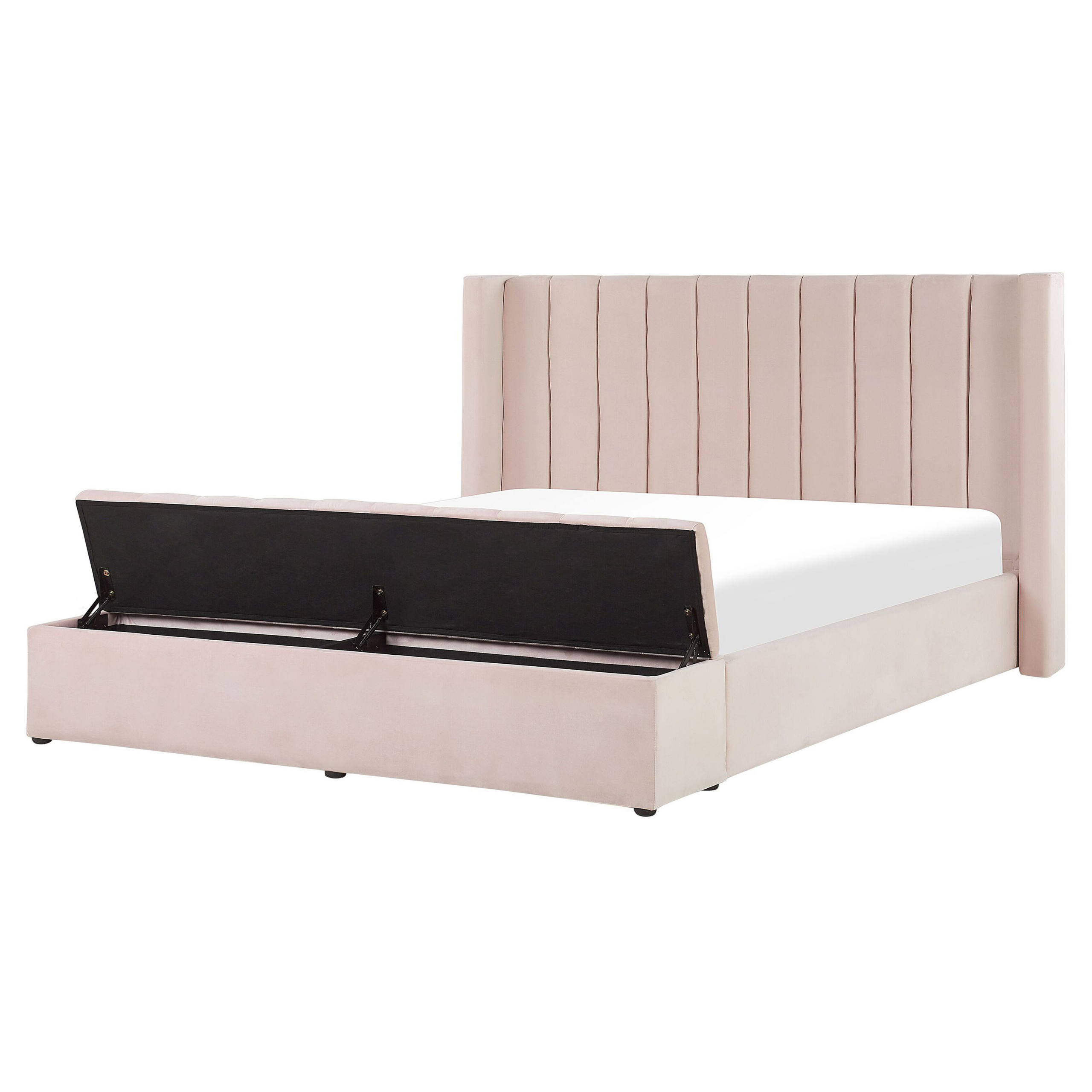 Beliani EU King Size Panel Bed Pastel Pink Velvet 5ft3 Slatted Base High Headrest with Storage Bench