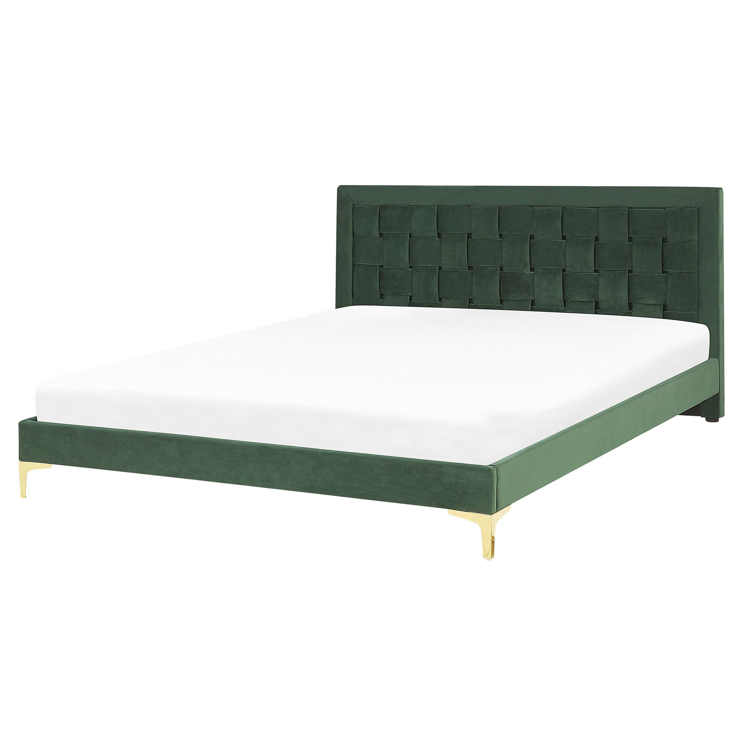 Beliani Upholstered Bed Frame EU Double 4ft6 Green Headboard Velvet Golden Legs