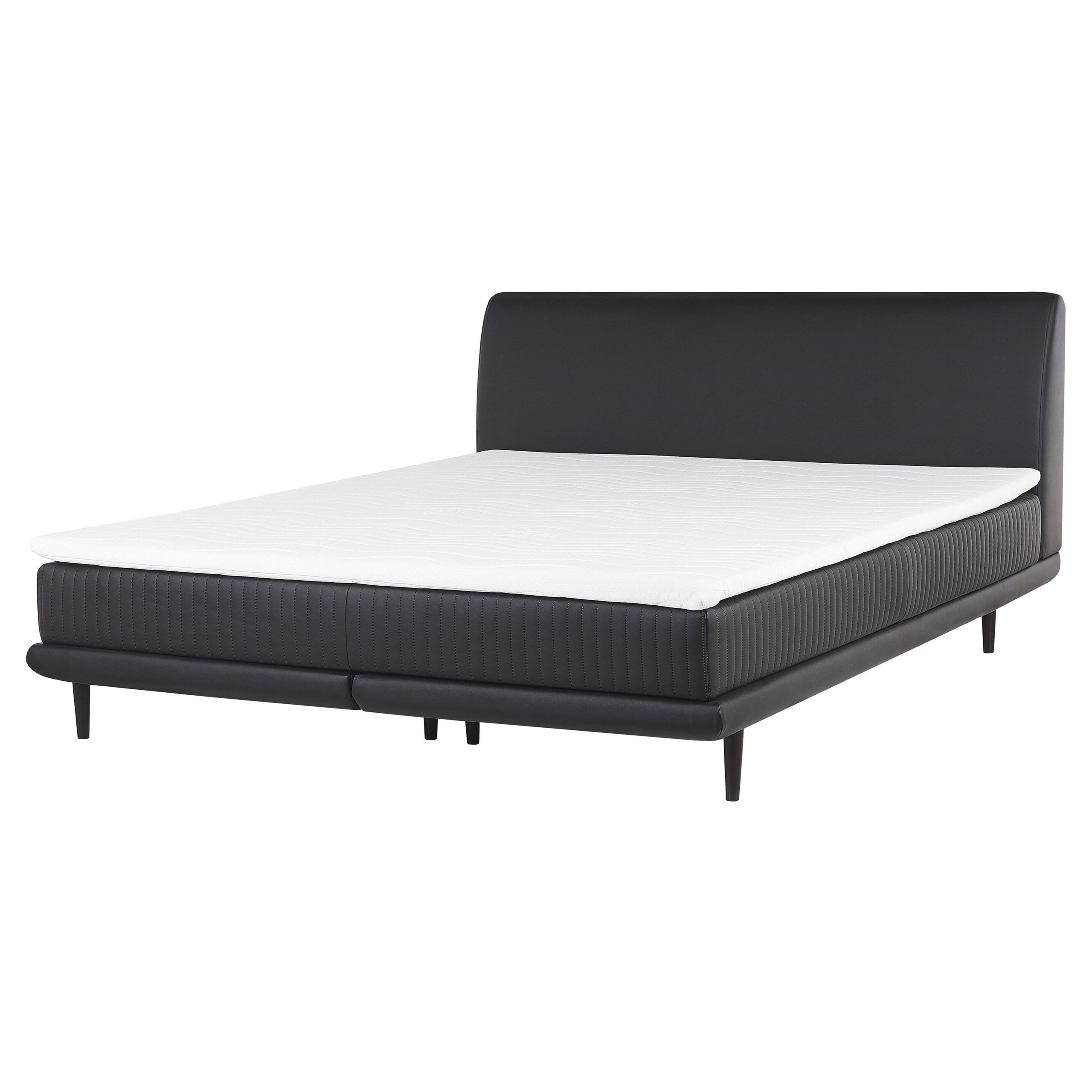 Beliani EU King Size Continental Divan Bed 5ft3 Black Faux Leather with Zigzag Spring Mattress and Topper