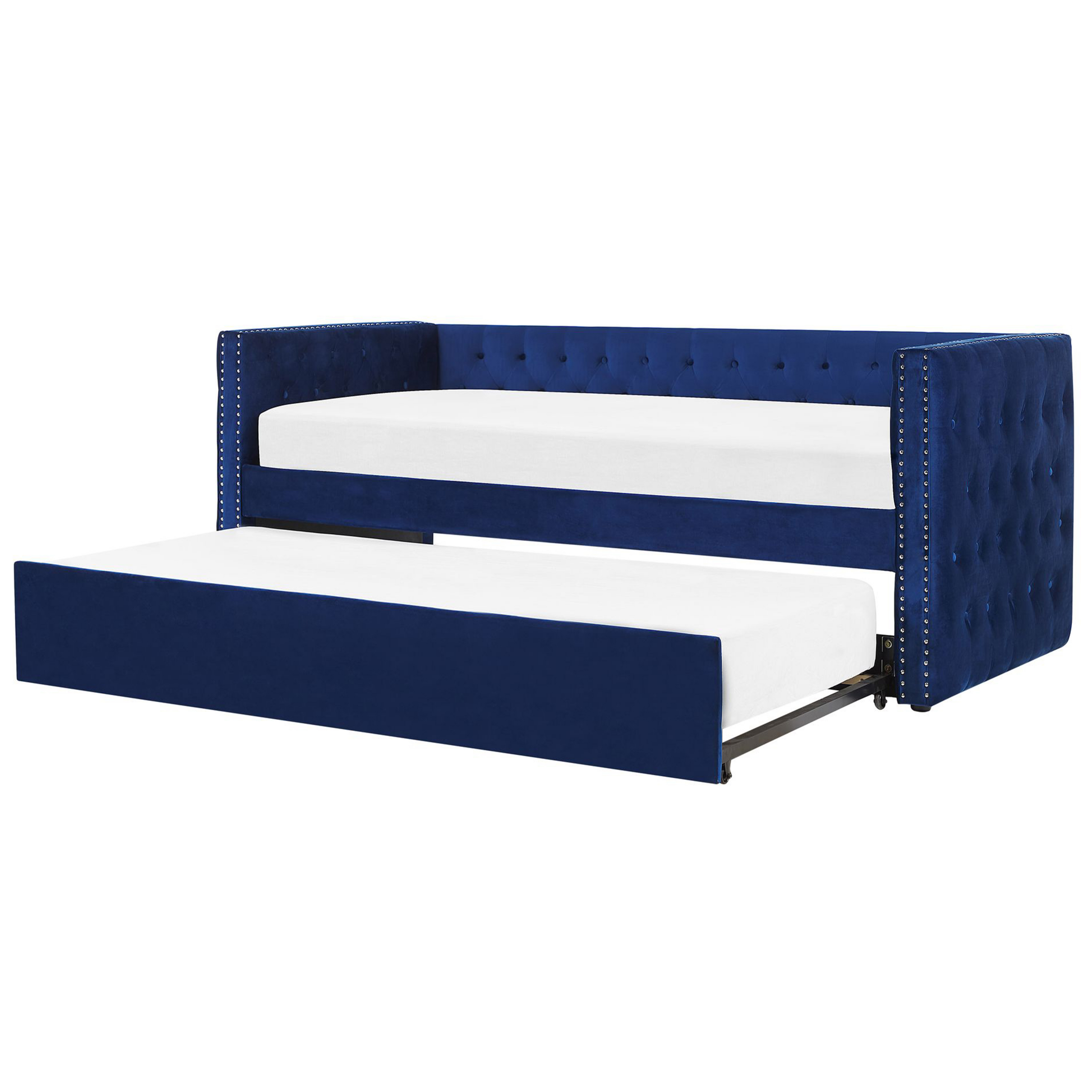 Beliani Trundle Bed Frame Blue EU Velvet Single Size 3ft Slatted Frame Buttoned Nailhead Trims Glam