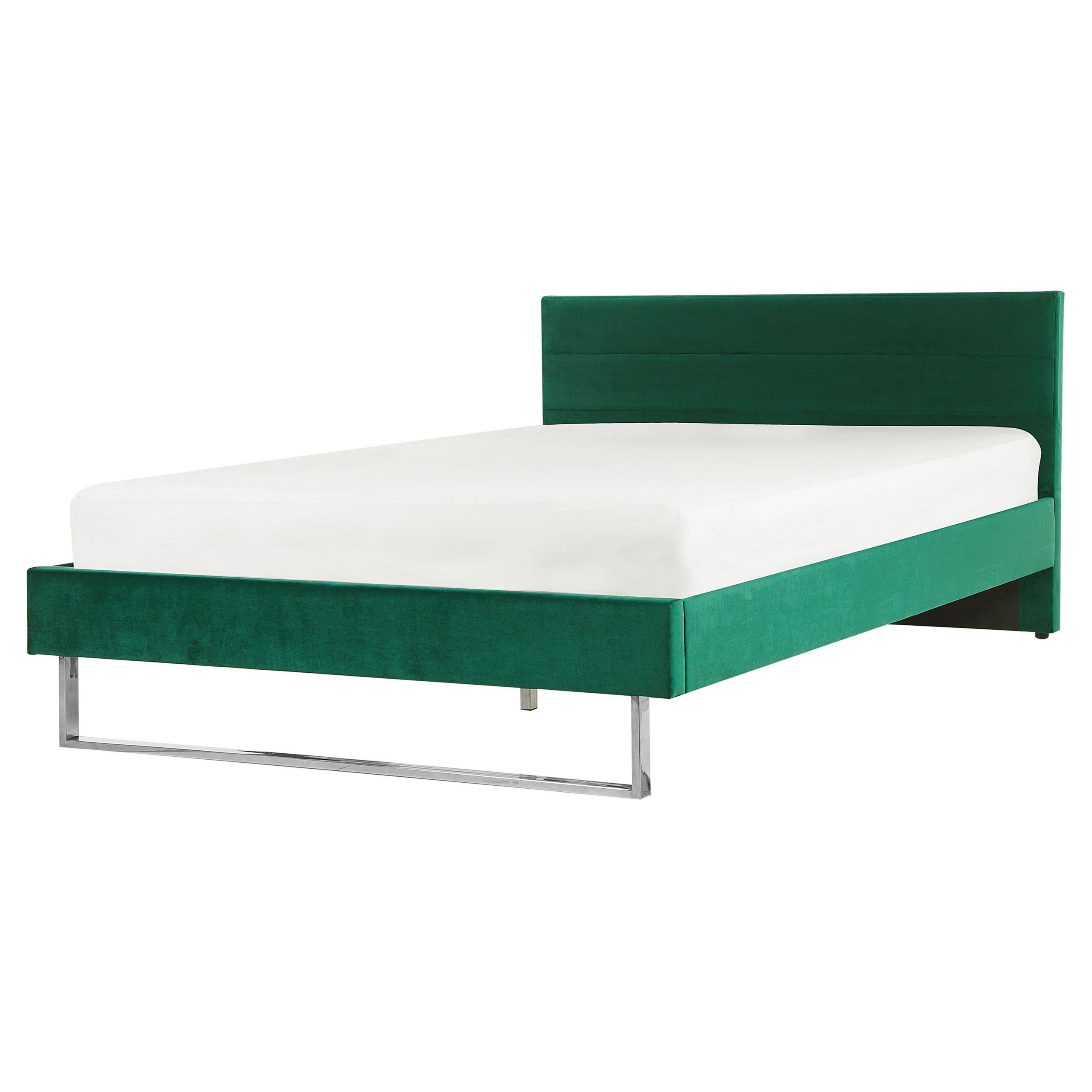 Beliani Upholstered Bed Frame Green Velvet EU King Size 5ft3 160 x 200 cm Green Headboard Silver Leg Glam