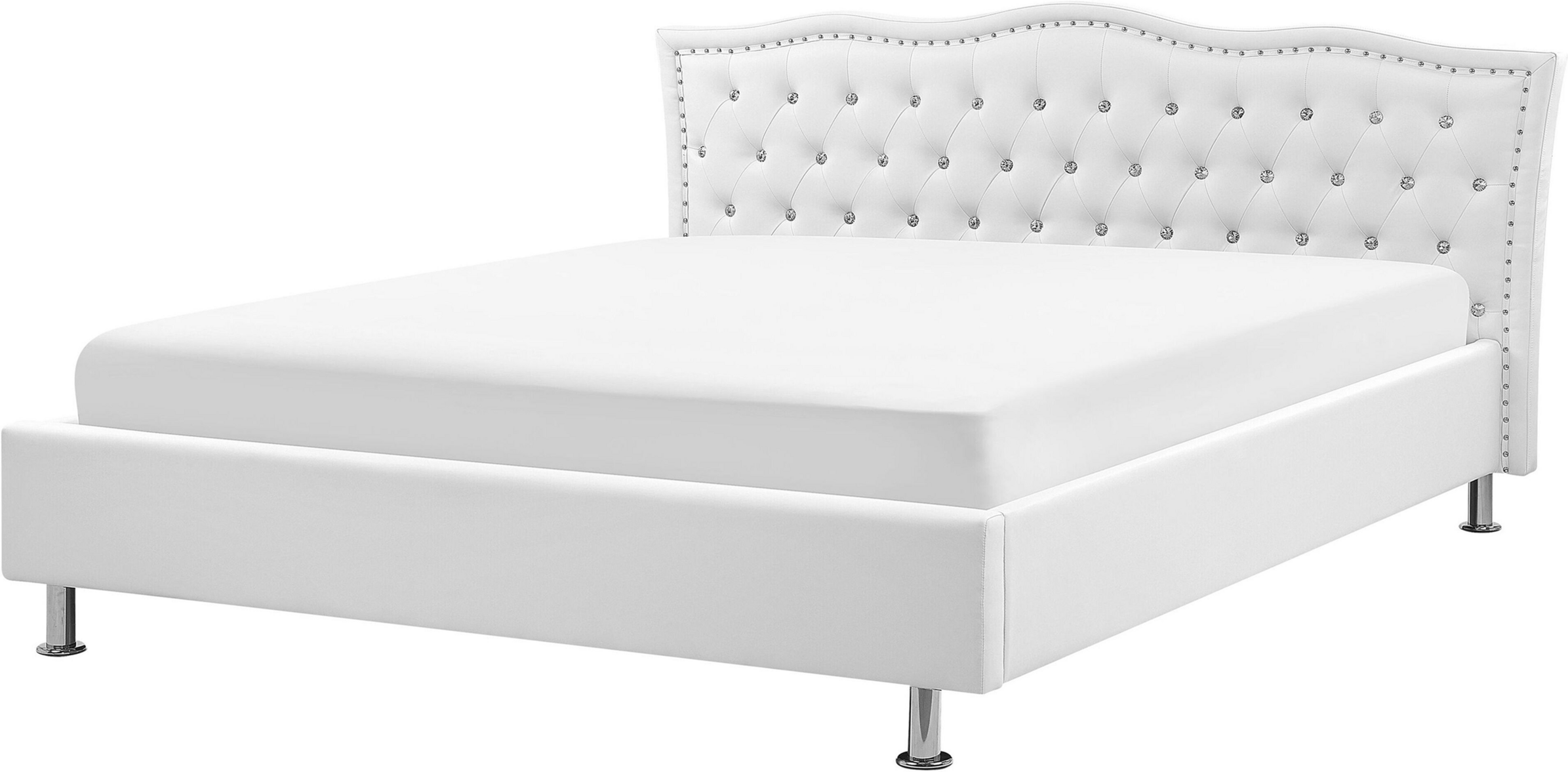 Beliani EU King Size Bed White Faux Leather 5ft3 Upholstered Frame Nailhead Trim Crystal Buttons Headrest