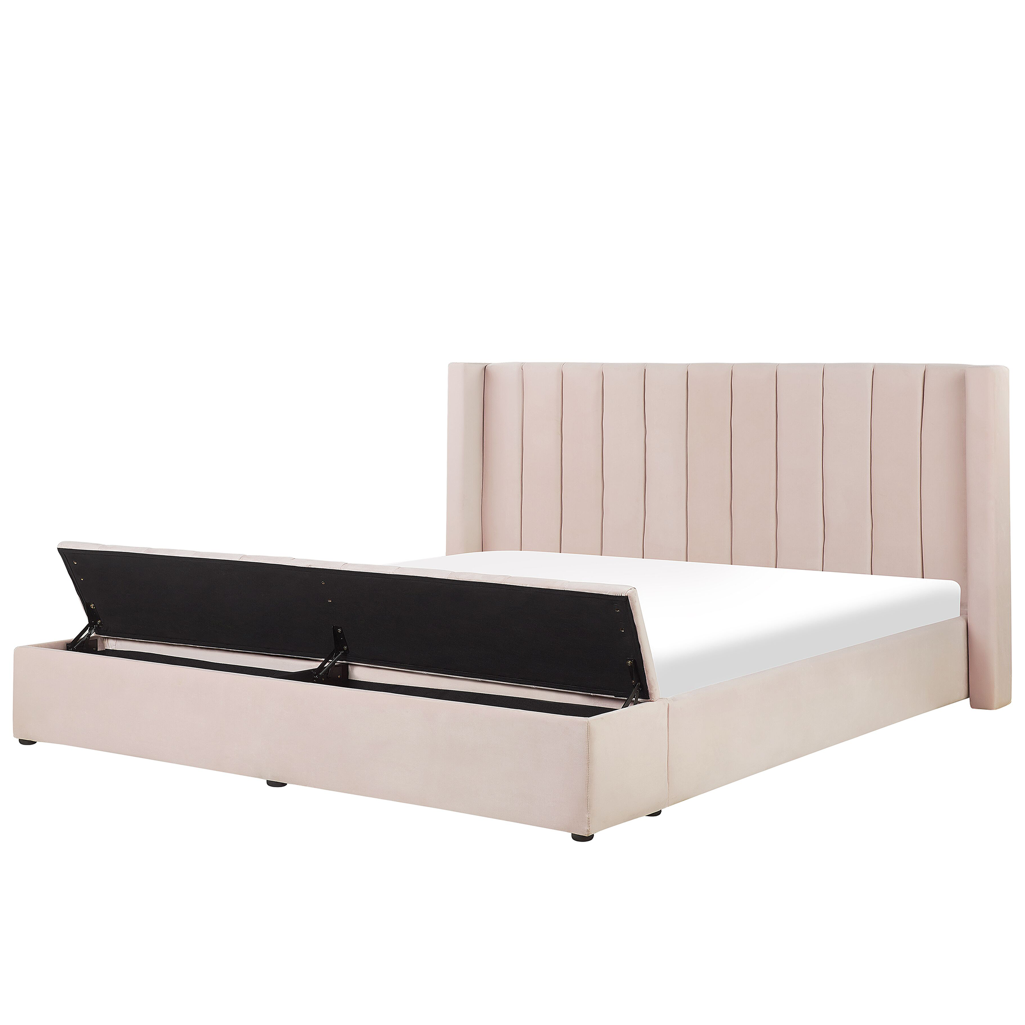 Beliani EU Super King Size Panel Bed Pastel Pink Velvet 6ft Slatted Base High Headrest with Storage Bench