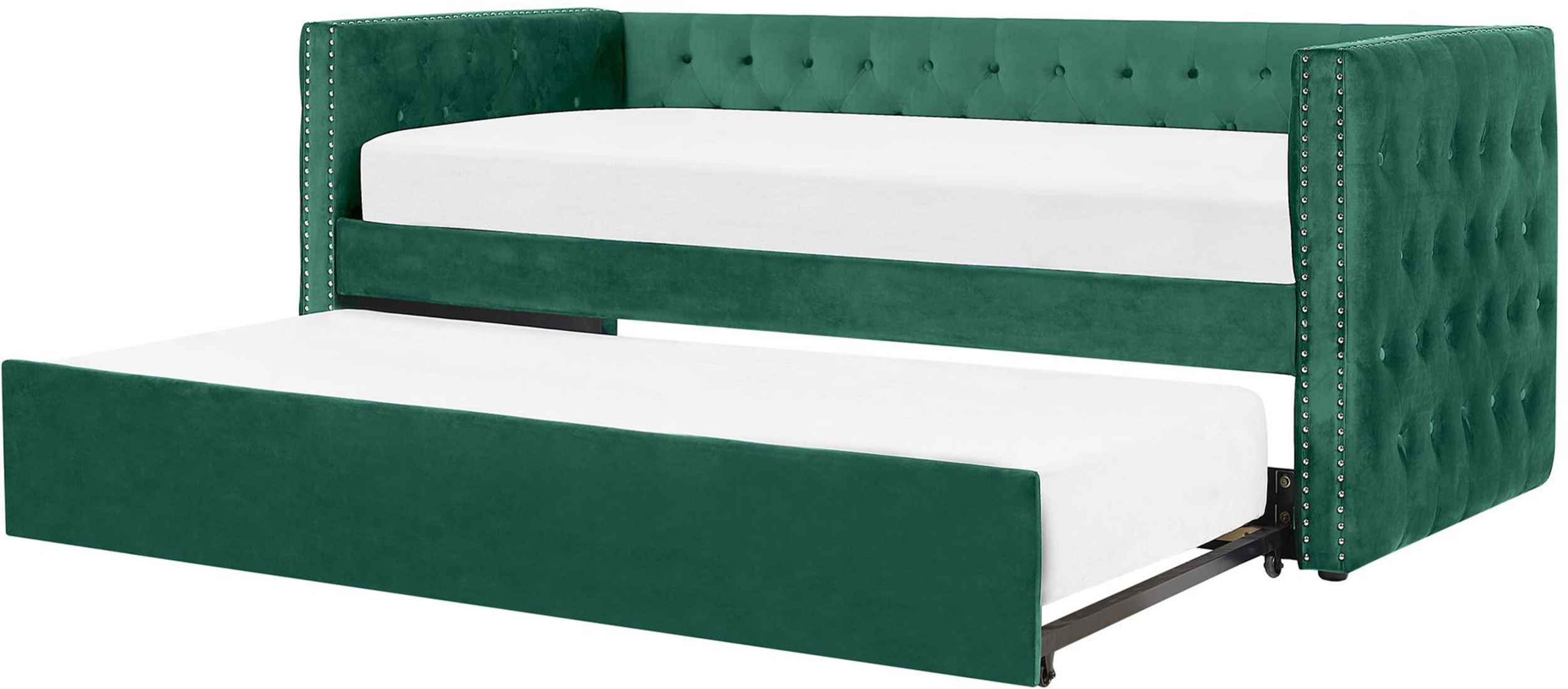 Beliani Trundle Bed Frame Green EU Velvet Single Size 3ft Slatted Frame Buttoned Nailhead Trims Glam