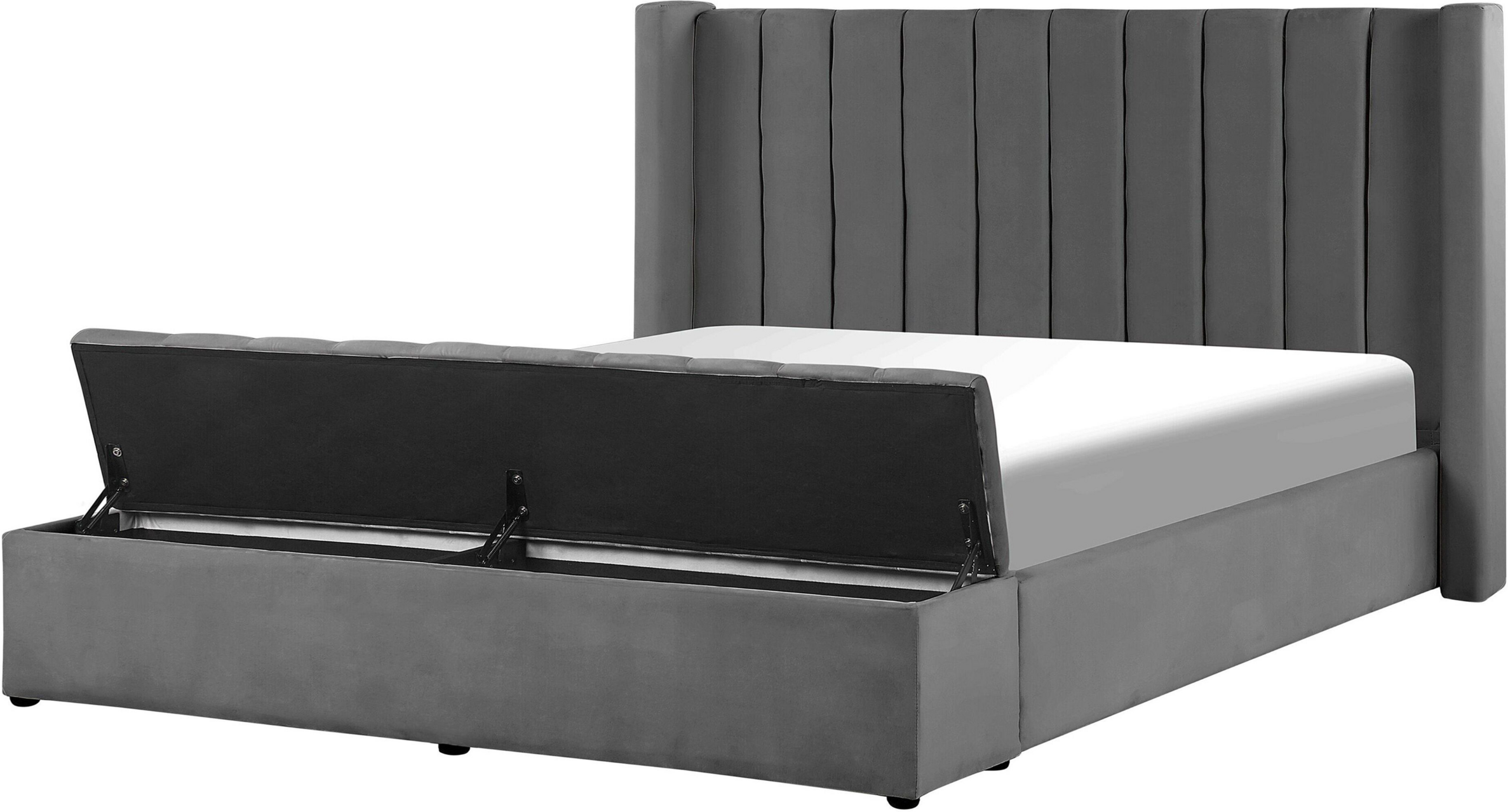 Beliani EU Double Size Panel Bed Grey Velvet 4ft6 Slatted Base High Headrest with Storage Bench