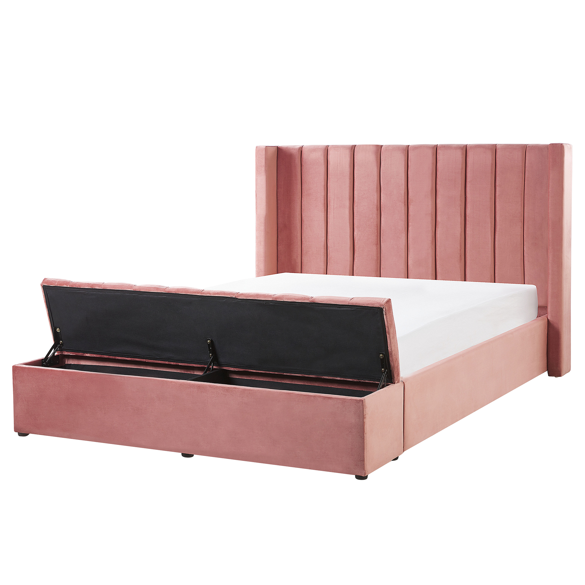 Beliani EU Super King Size Panel Bed Pink Velvet 6ft Slatted Base High Headrest with Storage Bench
