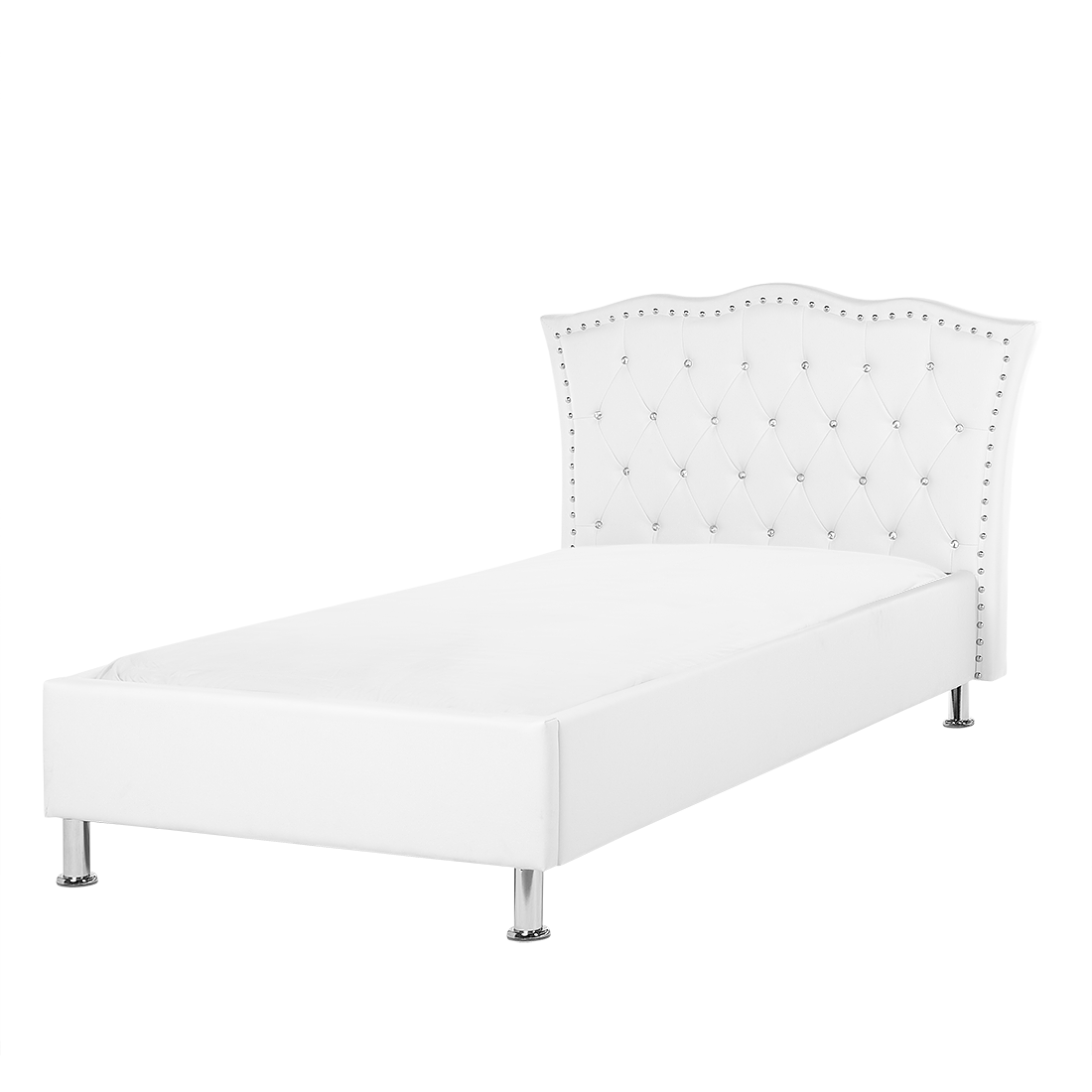 Beliani EU Single Size Bed White Faux Leather 3ft Upholstered Frame Nailhead Trim Crystal Buttons Headrest