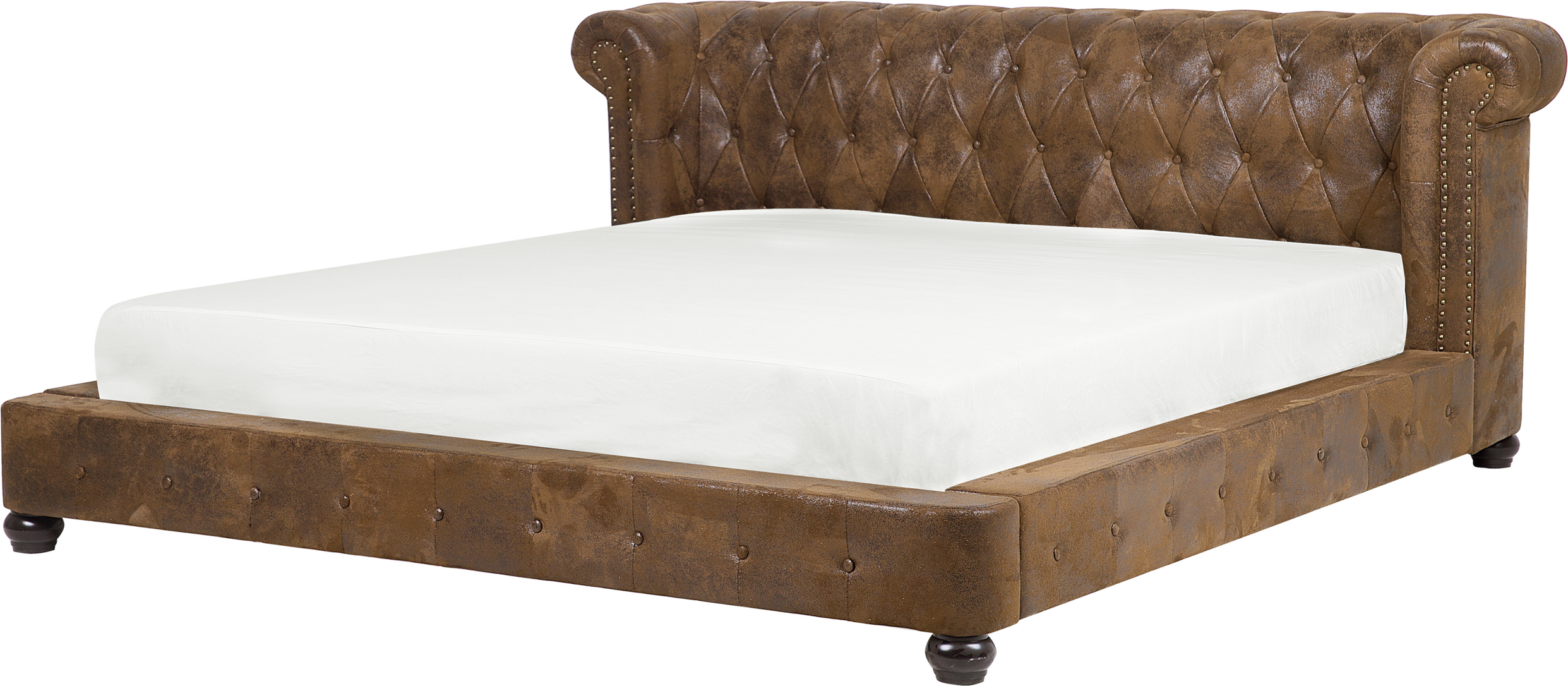 Beliani EU Super King Size Panel Bed 6ft Brown Faux Suede Slatted Frame Chesterfield Headboard Classic