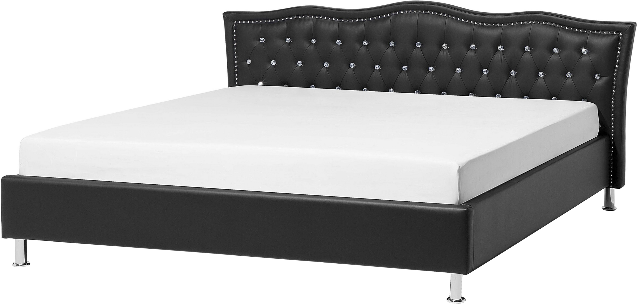 Beliani EU Super King Size Bed Black Faux Leathert 6ft Upholstered Frame Nailhead Trim Crystal Buttons Headrest