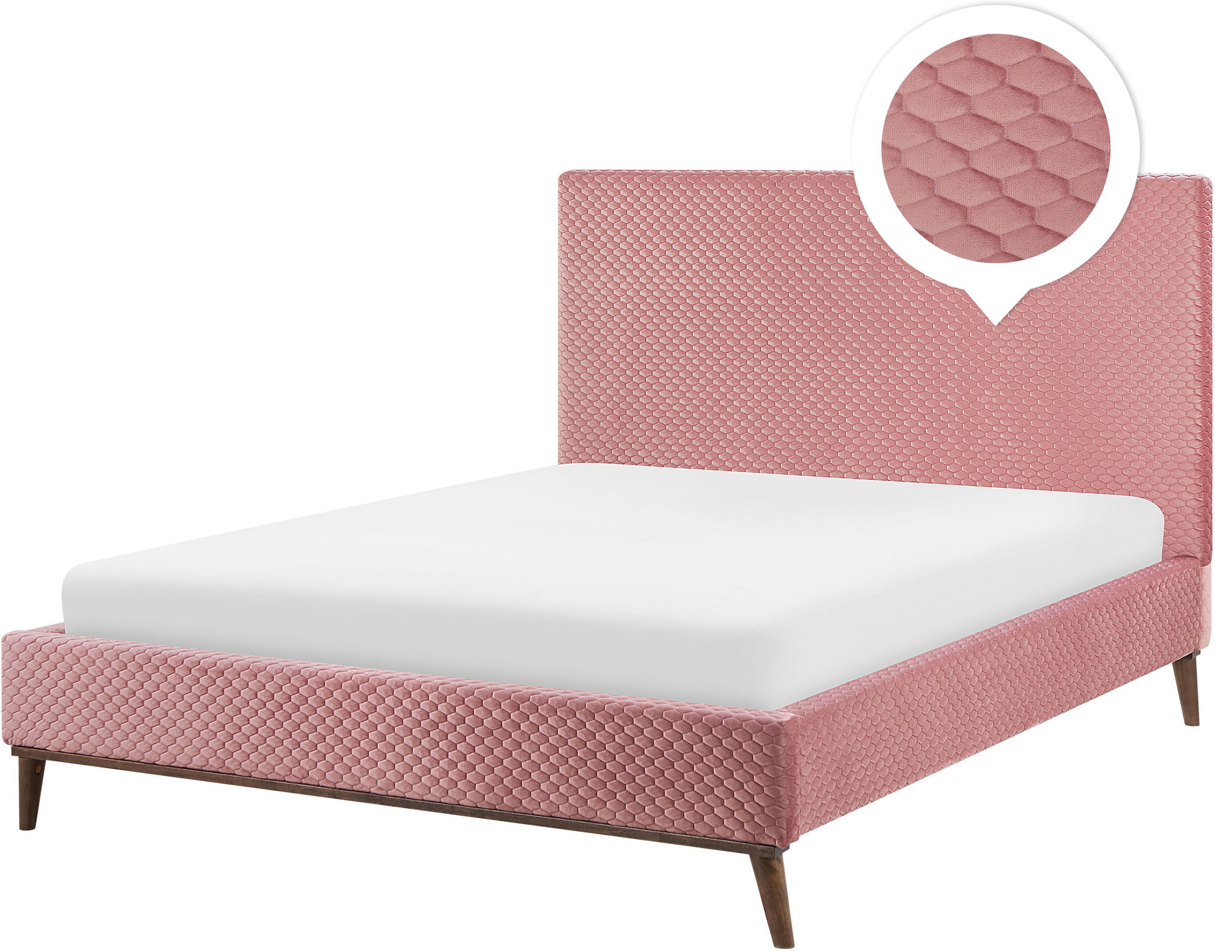 Beliani EU Double Bed Pink Fabric 4ft6 Upholstered Frame Honeycomb Quilted