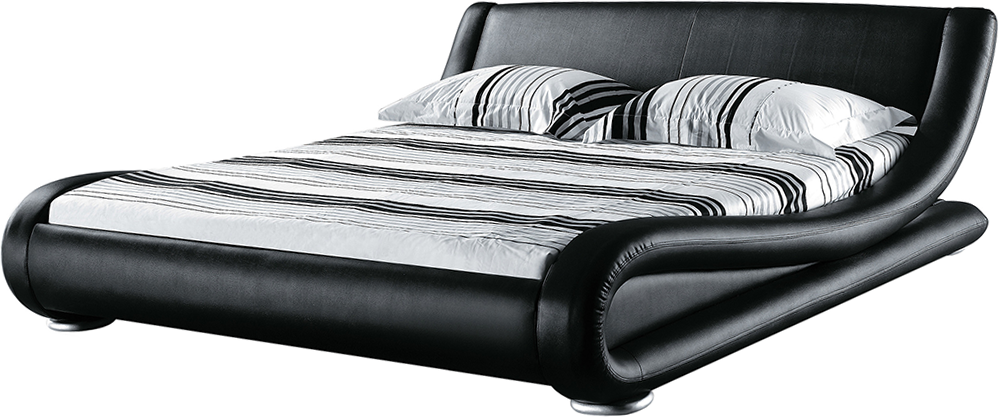 Beliani Platform Bed Frame Black Genuine Leather Upholstered 5ft3 EU King Size Sleigh Design