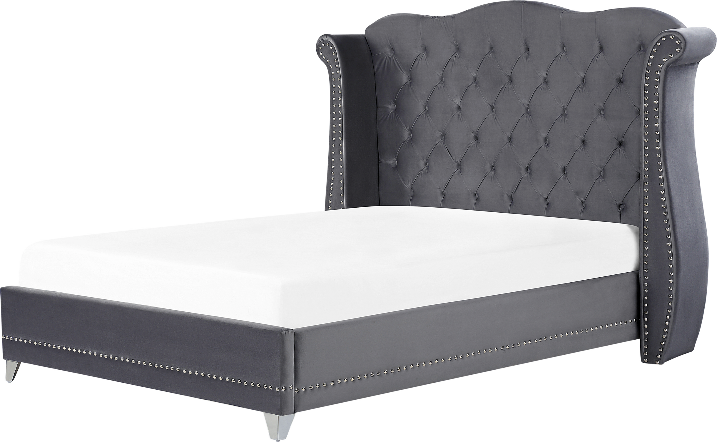 Beliani EU King Size Bed Grey Velvet 5ft3 Slatted Base Button Tufted Headboard Nailhead Trim