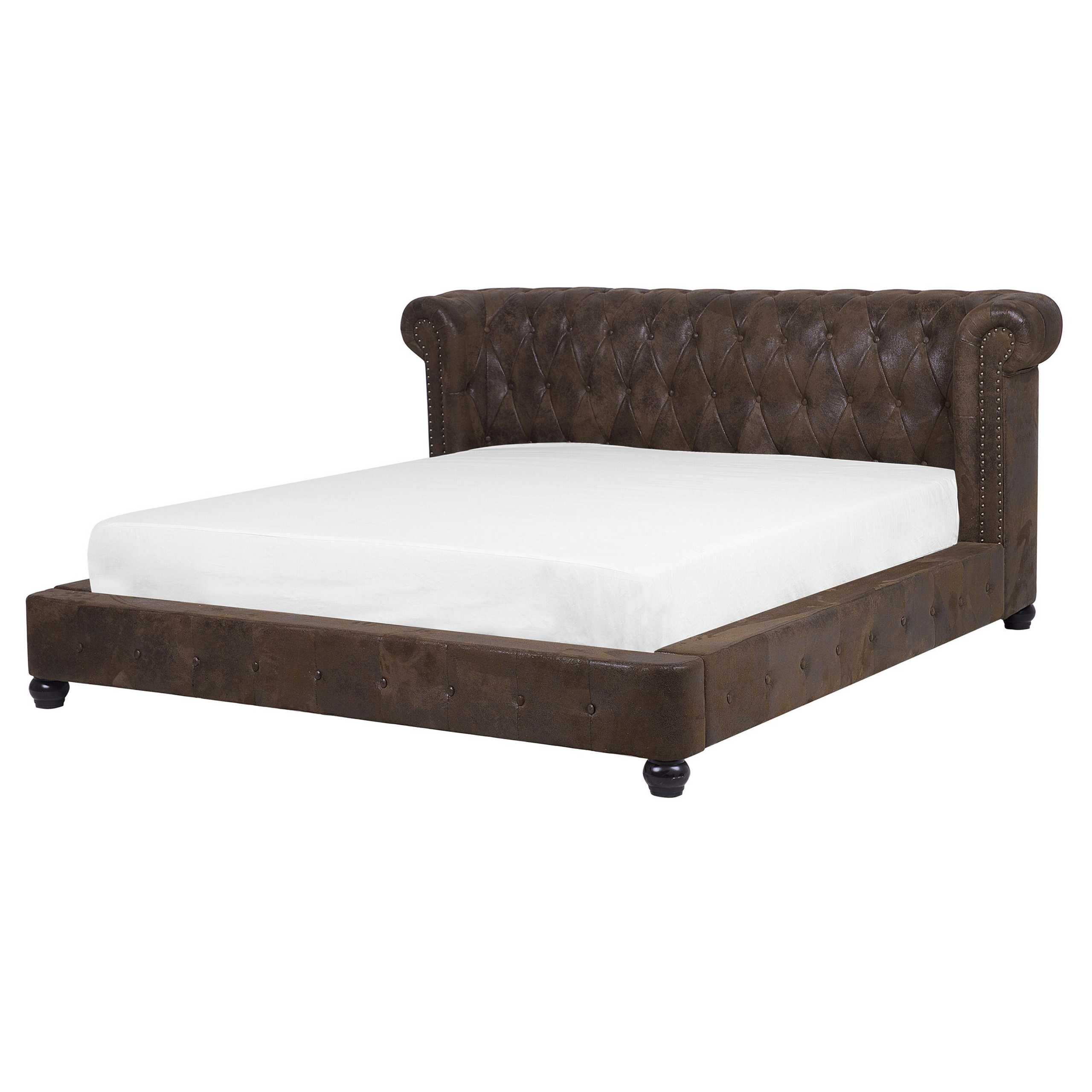 Beliani EU King Size Panel Bed 5ft3 Brown Faux Suede Slatted Frame Chesterfield Headboard Classic